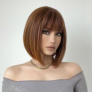 New ATAYEA Brown Bob Wig With Bangs Short , 12  inch  Bob. Synthetic.